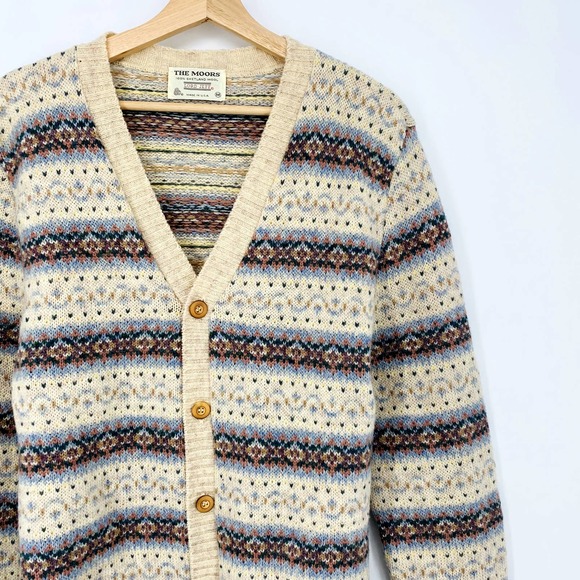 Vintage Sweaters - Vintage the Moors Wool Cream Striped Button Up Long Sleeve Sweater Cardigan